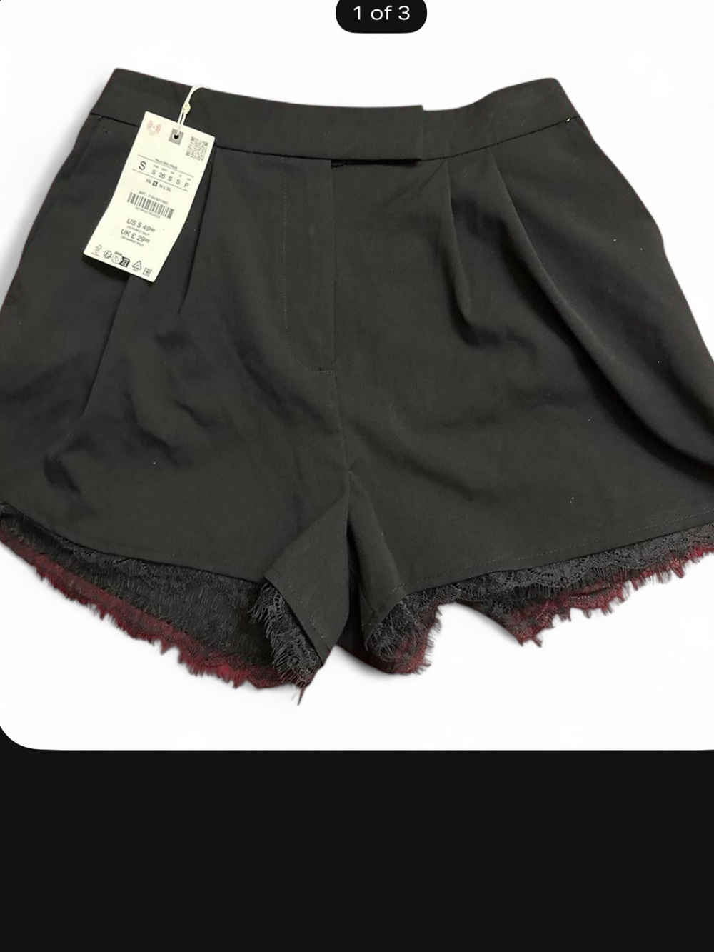 Zara Black Lace-Trim High-Waist Dress Shorts with Burgundy Fringe